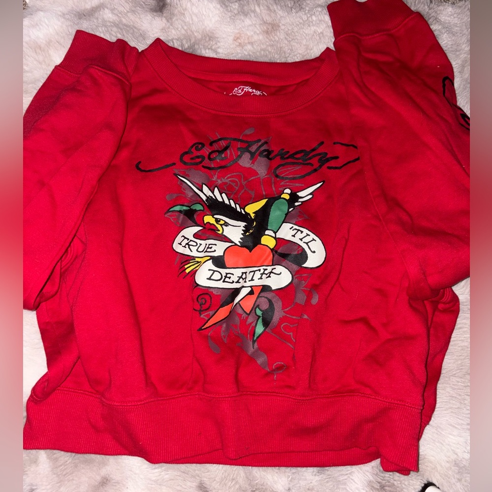 Ed Hardy Red Sweatshirt with Multi-Color Tattoo Heart Graphic